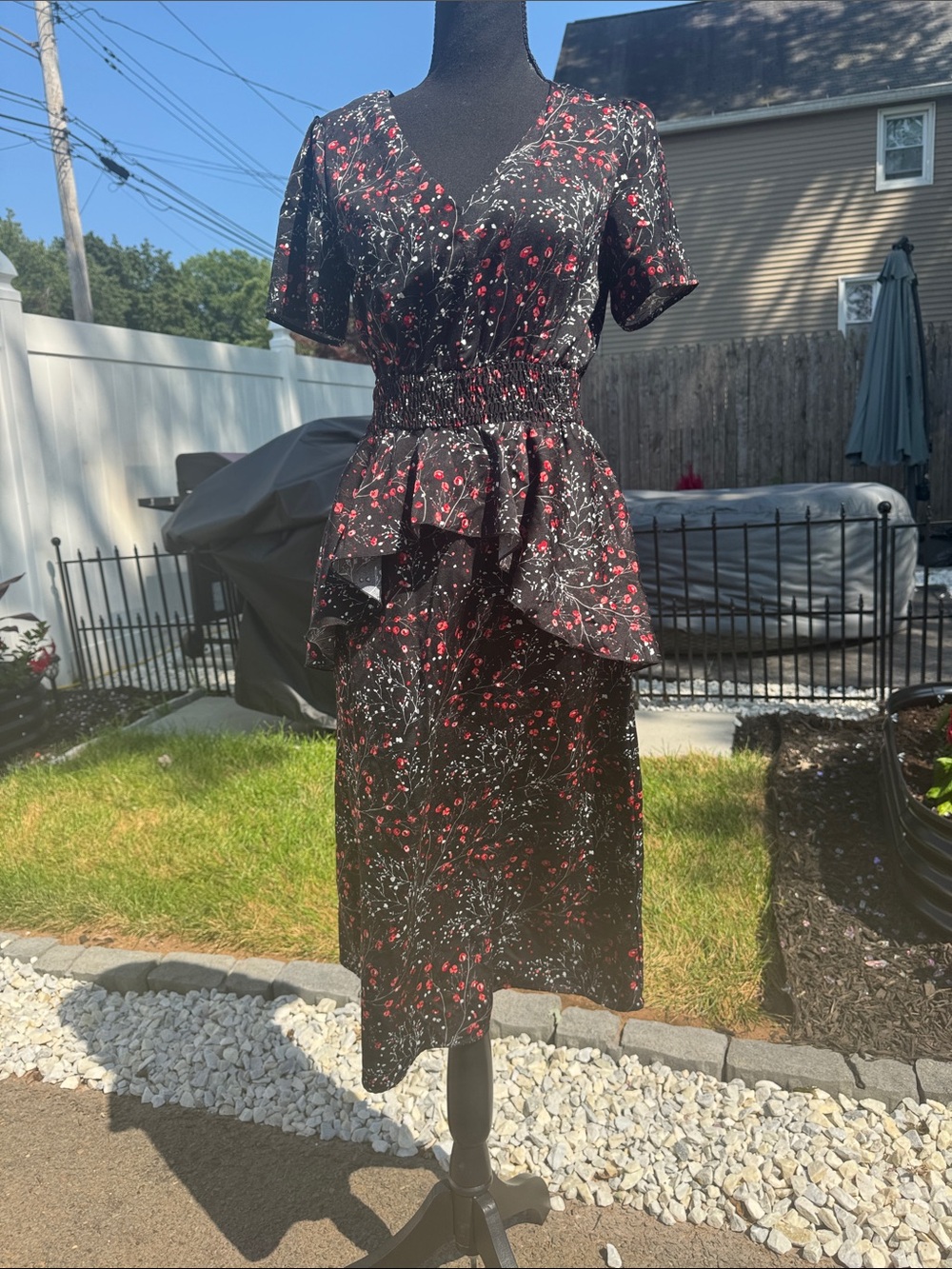 Disturbia Black Floral Dress with Red and White Bud Print